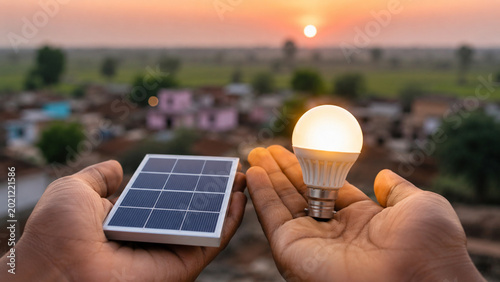 Solar power for rural electrification in Indian village at sunset