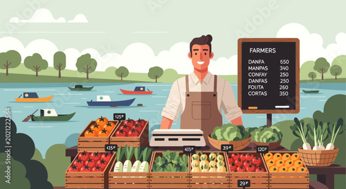 Man selling fresh produce market stand.
