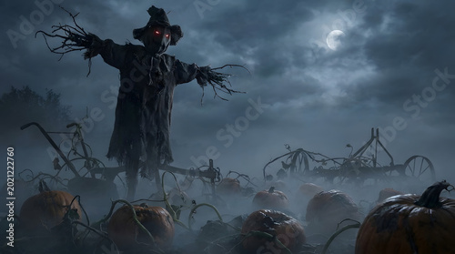 Spooky scarecrow stands guard over a foggy pumpkin patch under a moonlit sky