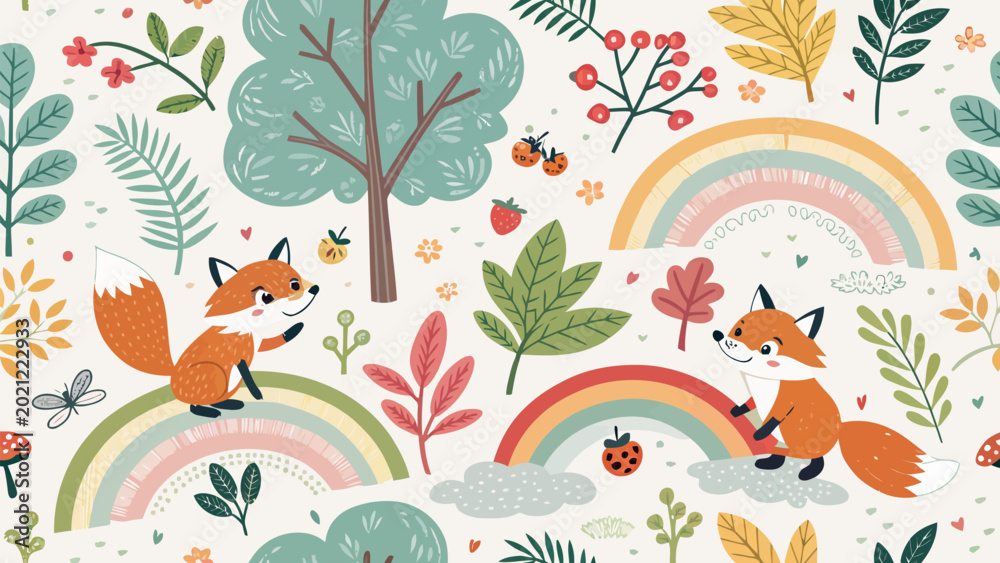 Fototapeta premium Seamless pattern with cute foxes, rainbows, trees, and forest elements in a whimsical handdrawn style for childrens fabric and wallpaper