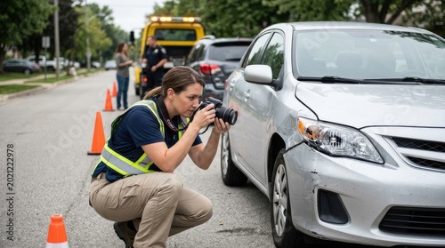 A female photographer in a reflective vest is crouching and taking a photograph of a damaged silver Toyota Corolla.