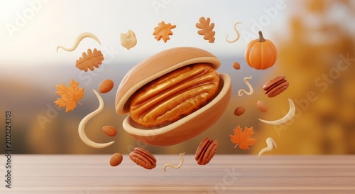 3D illustration celebrating National Pecan Day with floating pecans, leaves, and pumpkin