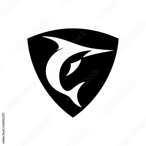 Shield style marlin emblems suitable for security, police, agency and authority branding. Badge concept for protection and control identity.