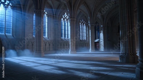 Atmospheric light rays inside a gothic church hall with stone columns and misty floor. Seamless looping 4k video background