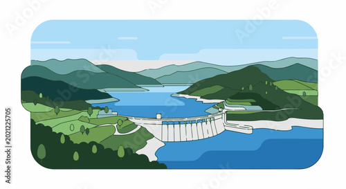 Stylized illustration of a large concrete dam holding back a serene blue lake, surrounded by green hills