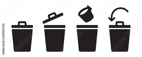 Fotografía Four steps of trash can operation, from closed to pouring in garbage, then closing lid