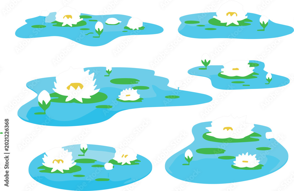 Fototapeta premium Set of Hand-Drawn Ponds with Water Lilies and Lily Pads, Minimalist Nature Illustration Collection for Garden and Pond Scenes
