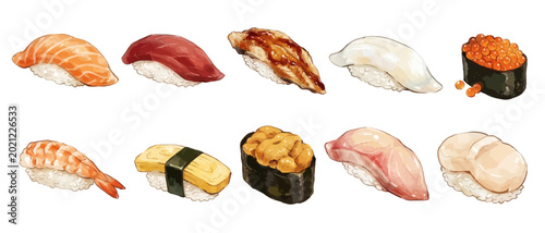 Cuadro en lienzo Glossy and appetizing watercolor sushi illustration for luxury Japanese dining ／
