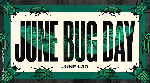 Bold June Bug Day Typography Poster with Wing Texture Block Letters and High Contrast Insect Design