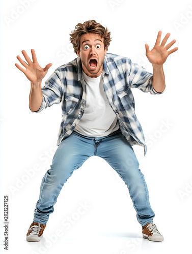 Terrified young caucasian man jumping and screaming isolated on a white background