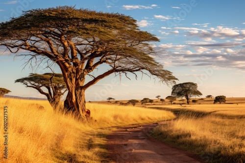 Dirt path winding through vast savanna with acacia trees under a partly cloudy sky