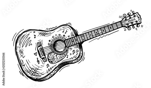 Bild auf Leinwand Doodle acoustic guitar vector sketch music illustration