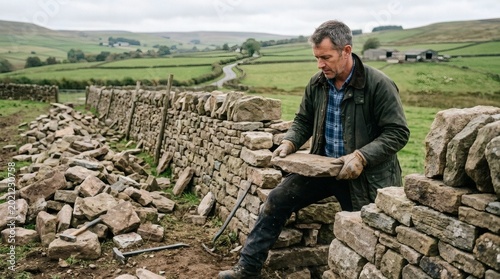Skilled Middle Aged Man Building Dry Stone Wall in Rural Green Countryside
