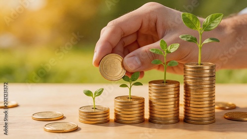 Hand placing gold coin onto stack with growing plant sprout, financial growth concept, investment savings accumulation, wealth building strategy, economic prosperity, money