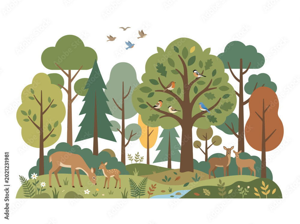 Fototapeta premium Cute Forest Landscape With Deer and Birds