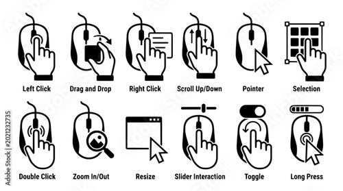 Computer mouse icon set with hand holding gestures for various actions and interactions featuring interaction icons, user interface, click with