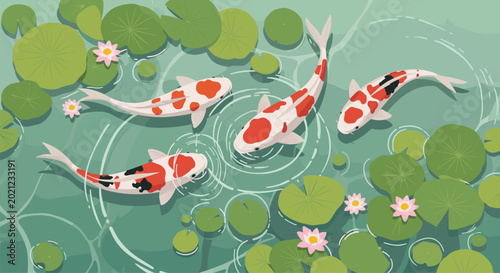 Beautiful koi fish swimming in a pond with green lily pads and pink flowers for zen garden meditation and nature inspired landscape illustrations.