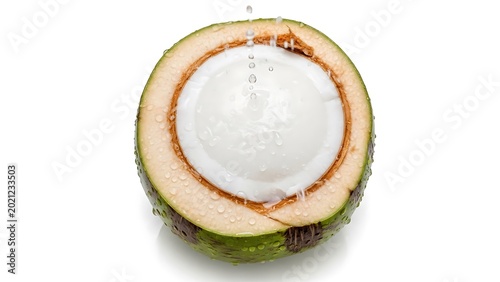 Fresh halved coconut fruit with water splashing against white background tropical dripping nutrition vegetarian ingredient refreshing background coconuts beverage hydration
