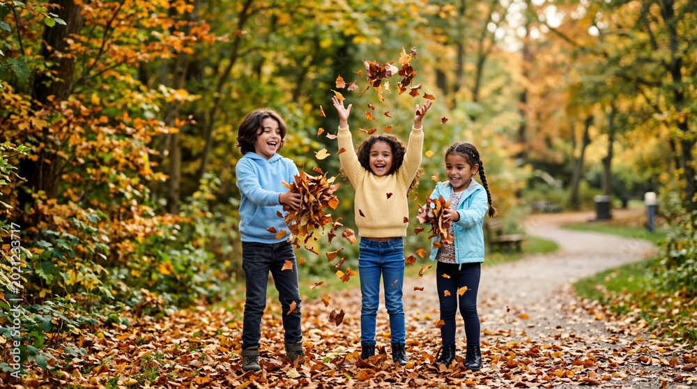 Naklejka premium Children throwing autumn leaves in a park. Happy kids playing with dry foliage on a path. Fall season outdoor recreation