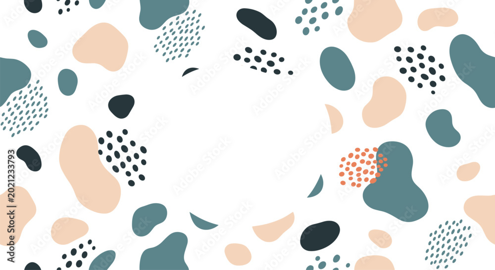 Fototapeta premium Abstract seamless pattern featuring organic hand drawn shapes and dots in a soft palette of blue, peach, and charcoal grey tones.