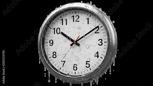 Round analog wall clock with water droplets and rain against dark background time management droplets background deadline schedule timekeeping measurement condensation atmosphere