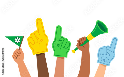 Cuadro en lienzo Diverse hands holding sports fan gear like foam fingers, flag and vuvuzela isola