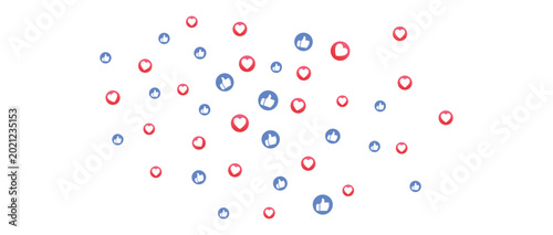 Photos Floating social media like thumbs up and heart love reaction icons scattered on