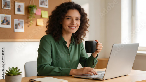 Woman working on laptop with coffee