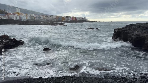 Ocean Waves Crashing on the Black Sand Beach of Puerto de la Cruz, Tenerife