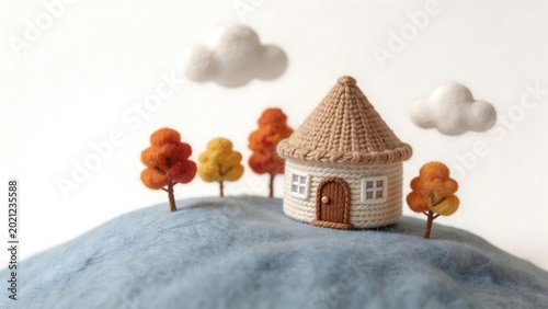 Knitted miniature house on a hill