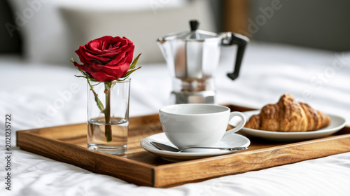 A wooden tray with a cup of coffee and croissant, a coffee maker and a red rose, in a hotel room