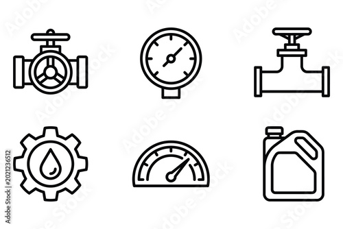 Set of six icons representing industrial and mechanical elements valves gauges a gear with a water drop fuel can