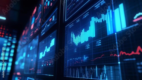 Stock data visualization displaying dynamic charts and graphs, representing a cyber trading platform for business and economy analytics in a dark environment