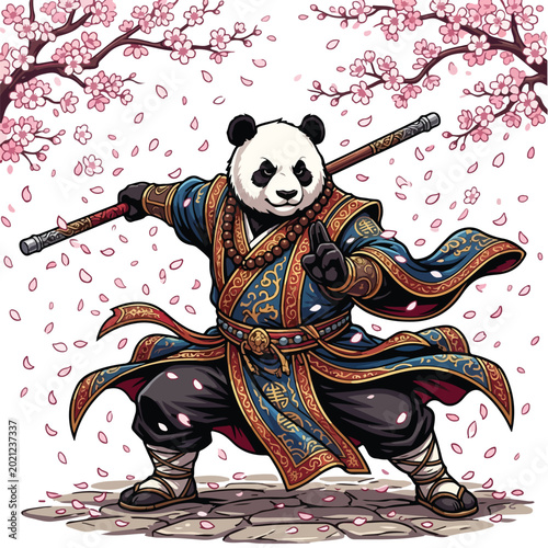 A Shaolin panda warrior in traditional robes holds a staff defensively, striking a dynamic pose amidst falling cherry blossoms and stones