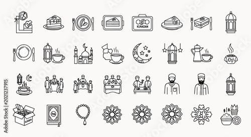 Ramadan Icons Set Collection Featuring Islamic Lanterns, Mosques, Food, Coffee, and People Celebrating Together
