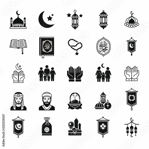 Set of Islamic icons and symbols Ramadan and Eid Islamic mosque, holy book, prayer beads, family, and lanterns