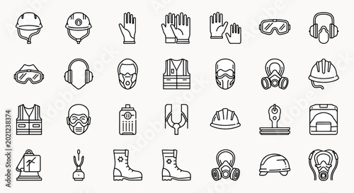 Set of line icons representing personal protective equipment and safety gear for industrial work and hazardous environments