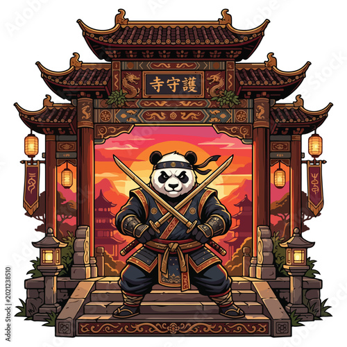 A martial artist panda in ninja attire stands ready with crossed swords before a traditional Japanese gate during a vibrant sunset, conveying strength and discipline