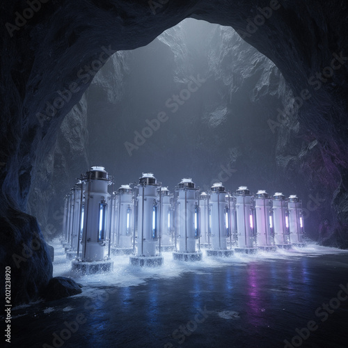 Futuristic Quantum Computing Data Center in Underground Cavern - Secure Cold Storage Concept