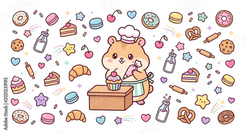 Cute Hamster Baker Character with Pastry Doodles Vector Illustration