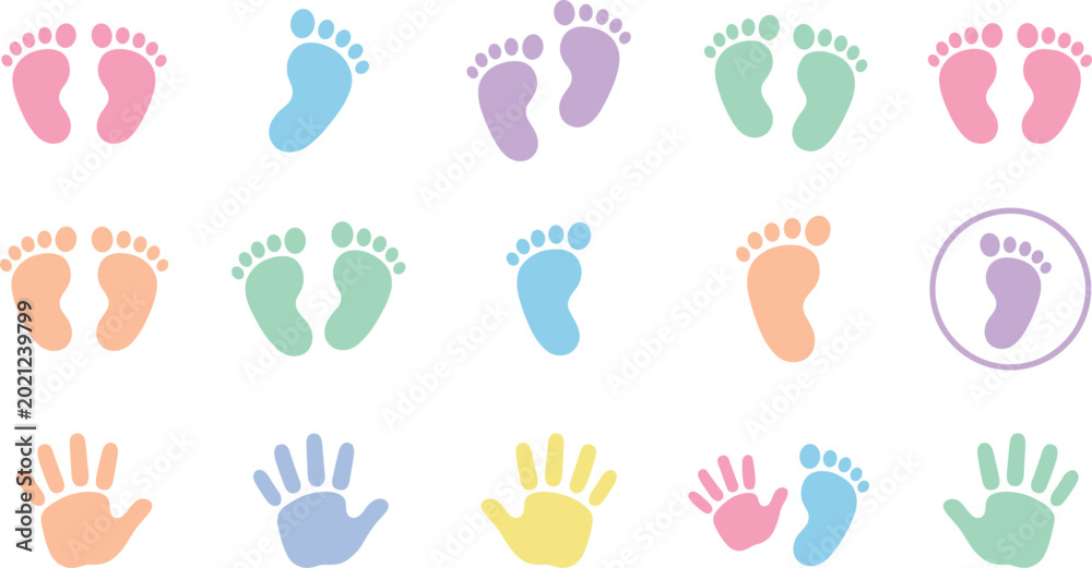 Fototapeta premium Colorful Baby Footprints and Handprints Collection for Childcare, Parenting, Nursery, and Cute Vector Illustration Designs