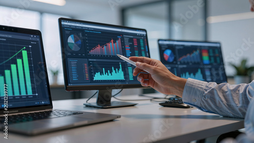 Person analyzing financial data on multiple screens