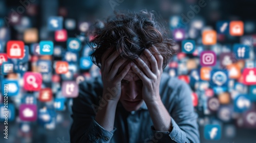 Stressed Young Man Overwhelmed By Social Media Apps Illustrating Digital Burnout Mental Health Information Overload And Online Fatigue