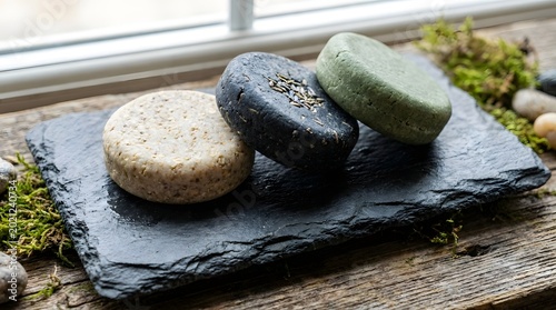 Three colorful round shampoo bars arranged neatly on a dark textured stone plate in this detailed close up photograph showcasing natural organic hair care beauty products