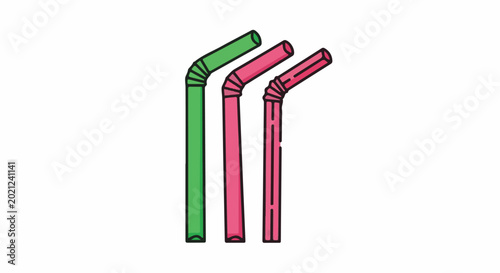 Three colorful drinking straws with bendable sections