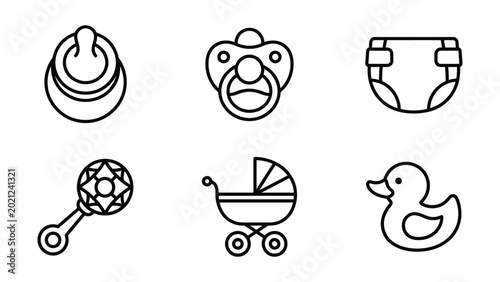 Baby care icons: pacifier diaper rattle stroller duck toy with pacifier stroller illustration collection parenting