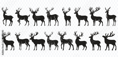 Εκτύπωση καμβά Set of Deer Silhouette Vector icons, Stag Buck Doe stag antlers jumping and 
sta