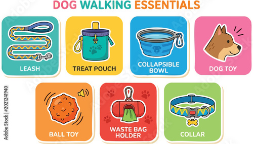 Tableau sur toile Colorful dog walking essentials icons with leash treat pouch collapsible bowl an