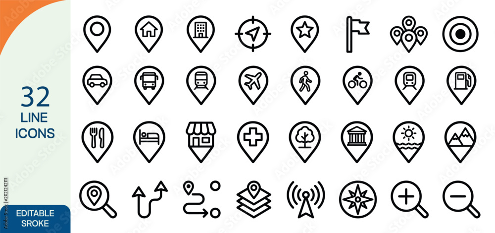 Εκτύπωση καμβά 32 line icon set location travel weather and utility symbols for ui ux design