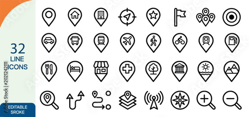 Fotografia 32 line icon set location travel weather and utility symbols for ui ux design